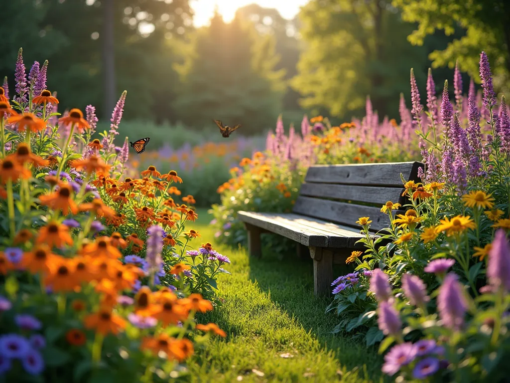 Four Seasons Milkweed Garden Paradise - A stunning garden landscape photographed from ground level, showcasing a vibrant progression of seasonal milkweed and companion plants. In the foreground, early spring butterfly weed displays bright orange blooms alongside purple coneflowers and yellow black-eyed susans. The middle ground features summer-blooming common milkweed with mauve flower clusters, complemented by tall purple blazing stars and pink bee balm. The background shows swamp milkweed with its pink umbels and late-blooming New England asters in deep purple. Monarch butterflies flutter between blooms in golden afternoon sunlight, casting soft shadows across the layered garden. A rustic wooden bench sits nestled among the flowers, creating a peaceful viewing spot. Photorealistic, rich colors, soft bokeh effect, professional garden photography style.