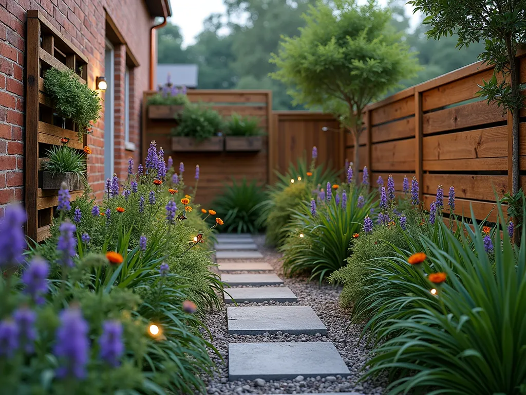 Modern Eco-Friendly Milkweed Garden - A stunning urban garden featuring native milkweed plants with purple and orange blooms, complemented by a sleek modern rainwater collection system with copper downspouts. Recycled wooden pallets transformed into vertical garden walls display cascading native plants. A compact composting station nestled between ornamental grasses. Solar-powered garden lights illuminate stepping stones made from recycled materials. Monarch butterflies hover over the milkweed plants. Soft evening lighting, photorealistic, high detail, professional landscape photography style.