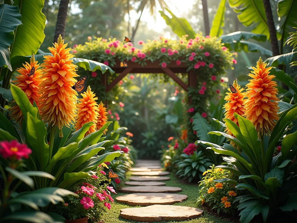 Tropical Milkweed Paradise - A lush tropical garden setting photographed in golden afternoon light, featuring clusters of vibrant orange and yellow tropical milkweed (Asclepias curassavica) blooming among dramatic bird of paradise plants, colorful hibiscus, and tall banana plants with large leaves. Several monarch butterflies hover around the milkweed flowers. Dense tropical foliage creates layers of deep greens, while potted bromeliads and ornamental gingers add splashes of red and pink throughout. A natural stone pathway winds through the garden, leading to a small wooden pergola covered in flowering passion vine. Photorealistic, high detail, soft bokeh effect, f/2.8, nature photography style.