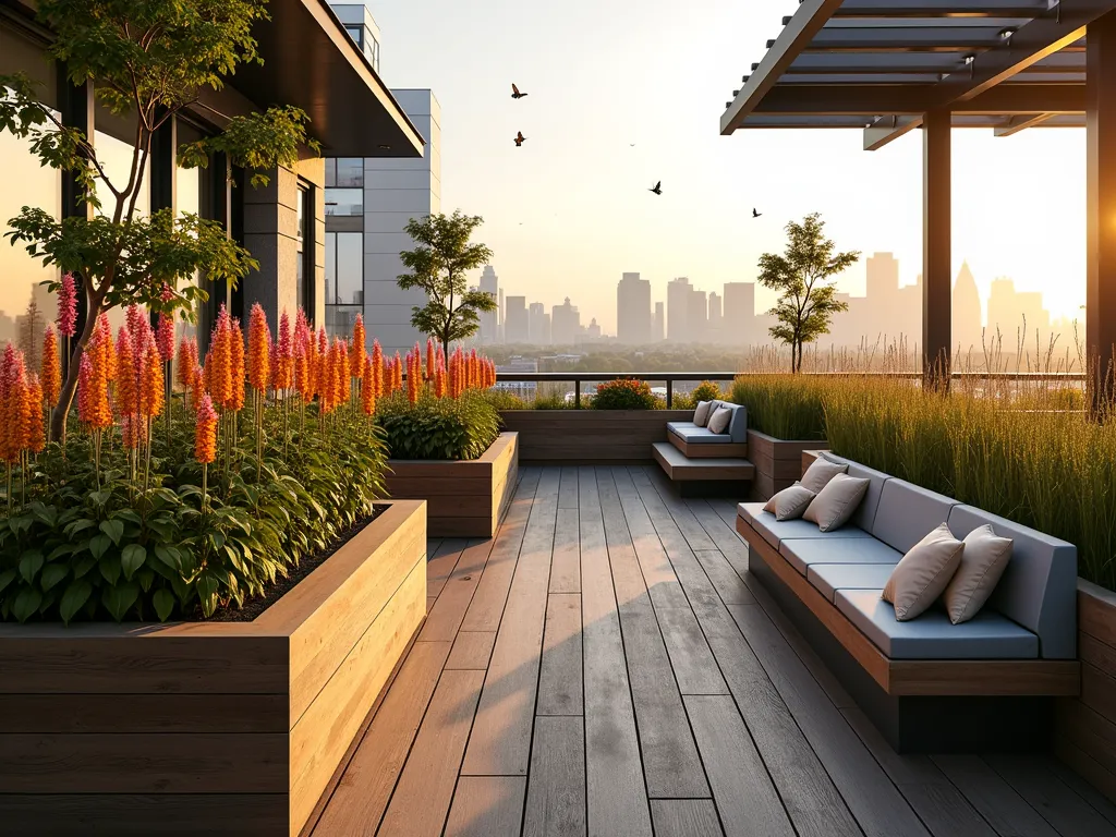 Modern Urban Rooftop Butterfly Sanctuary - A serene rooftop garden setting at golden hour, featuring sleek modern rectangular planters filled with vibrant orange and pink milkweed plants swaying gently in the breeze. Built-in wooden benches with plush cushions are nestled between glass windscreens. Several monarch butterflies hover around the milkweed blooms. The garden includes contemporary steel pergola elements creating dappled shade, with the city skyline visible in the soft background. Strategic placement of tall ornamental grasses provides additional wind protection while maintaining an airy, urban oasis feeling. Warm evening light casts long shadows across the weathered deck flooring.