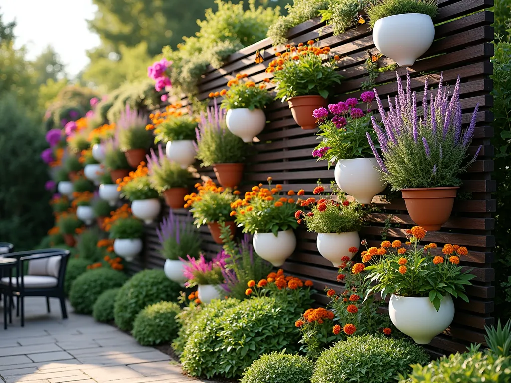 Modern Vertical Milkweed Garden Wall - A stunning vertical garden wall featuring ascending levels of potted milkweed plants in contemporary white and terra cotta planters, mounted on a sleek dark wood lattice structure. Vibrant orange and pink butterfly weed blooms cascade at different heights, while purple trailing lantana and silver dichondra spill elegantly between the milkweed plants. Monarch butterflies flutter around the blossoms against a soft-focus natural background. The wall is bathed in warm afternoon sunlight, creating dramatic shadows and depth. Small modern patio setting visible in the foreground.