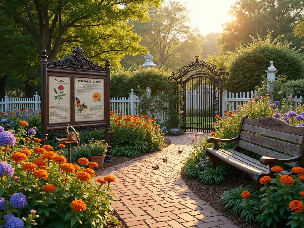 Victorian Heritage Milkweed Garden - A meticulously maintained heritage garden at golden hour, featuring traditional wrought iron fencing and ornate garden gates. Clusters of antique common milkweed and butterfly weed grow alongside heritage roses and purple coneflowers. A rustic wooden educational sign with botanical illustrations stands near a weathered brick pathway. Victorian-style wooden benches and a small sundial add period authenticity. Monarch butterflies flutter among the blooms, while vintage copper plant markers identify historical plant varieties. The garden is bordered by white picket fencing with climbing heritage clematis, creating a scene that evokes America's botanical history. Photorealistic, soft evening light, detailed textures, 4k