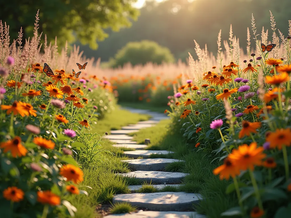 Flowing Wildlife Corridor Garden Path - A winding garden path through a lush corridor of blooming milkweed, coneflowers, and native wildflowers, photographed at golden hour. The natural pathway connects two distinct garden areas, with swaying butterfly weed and common milkweed creating a continuous ribbon of orange and pink blooms. Monarch butterflies flutter between flowers while tall ornamental grasses provide movement and texture. Natural stepping stones meander through the plantings, creating a dreamy, meadow-like atmosphere with filtered sunlight casting long shadows across the path. Photorealistic, soft bokeh background, magical garden atmosphere.