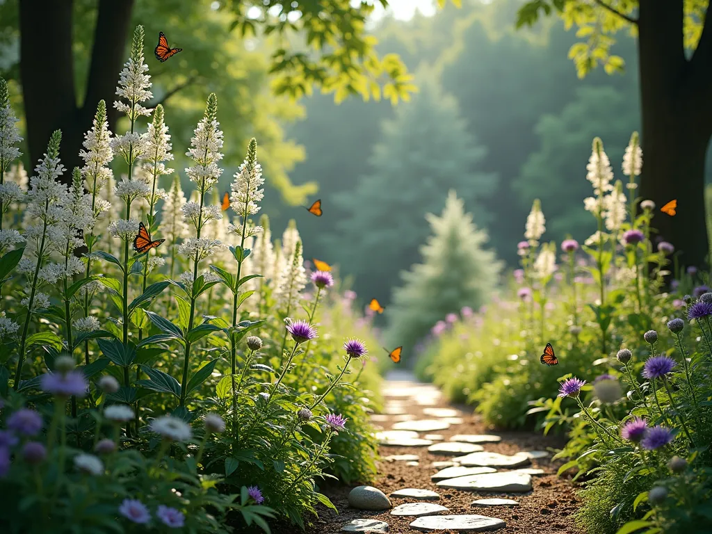 Enchanting Woodland Edge Milkweed Garden - A serene and naturalistic garden scene at the edge of a wooded area, with dappled sunlight filtering through tree canopies. Tall poke milkweed plants with their elegant white flower clusters stand gracefully among native woodland plants. Purple coneflowers, wild geraniums, and ferns create a lush understory. A natural stone pathway meanders through the garden, creating a seamless transition from sunny garden to shaded woodland. Monarch butterflies flutter around the milkweed blooms. The scene is captured in soft, morning light with a dreamy, enchanted forest atmosphere. Photorealistic style.