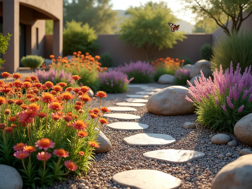 Modern Xeriscaped Butterfly Haven - A stunning xeriscaped garden landscape featuring clusters of orange and pink butterfly milkweed arranged among smooth river rocks and decorative gravel. Desert-adapted plants like purple sage, silver artemisia, and ornamental grasses create a harmonious drought-tolerant design. Natural stone pathways wind through the garden, while contemporary metal planters add architectural interest. Butterflies hover over the blooming milkweed in the warm sunlight, casting delicate shadows on the gravel below. The garden showcases different heights and textures, with careful placement of drought-resistant succulents and native plants. Photorealistic, golden hour lighting, architectural photography style.