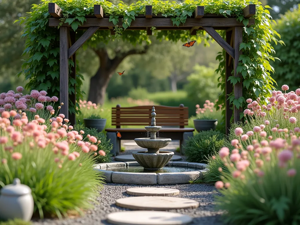 Zen Milkweed Meditation Garden - A serene garden meditation space with a natural stone water fountain as centerpiece, surrounded by flowing patches of pink and white milkweed blooms. A comfortable teak meditation bench sits under a pergola draped with climbing vines. Orange monarch butterflies flutter around the milkweed blooms. Soft ornamental grasses sway in the breeze, while Japanese maple provides dappled shade. Circular stepping stones create a mindful path through the garden. Natural stone lanterns provide subtle lighting. Professional photography, soft afternoon light, bokeh effect, peaceful atmosphere.