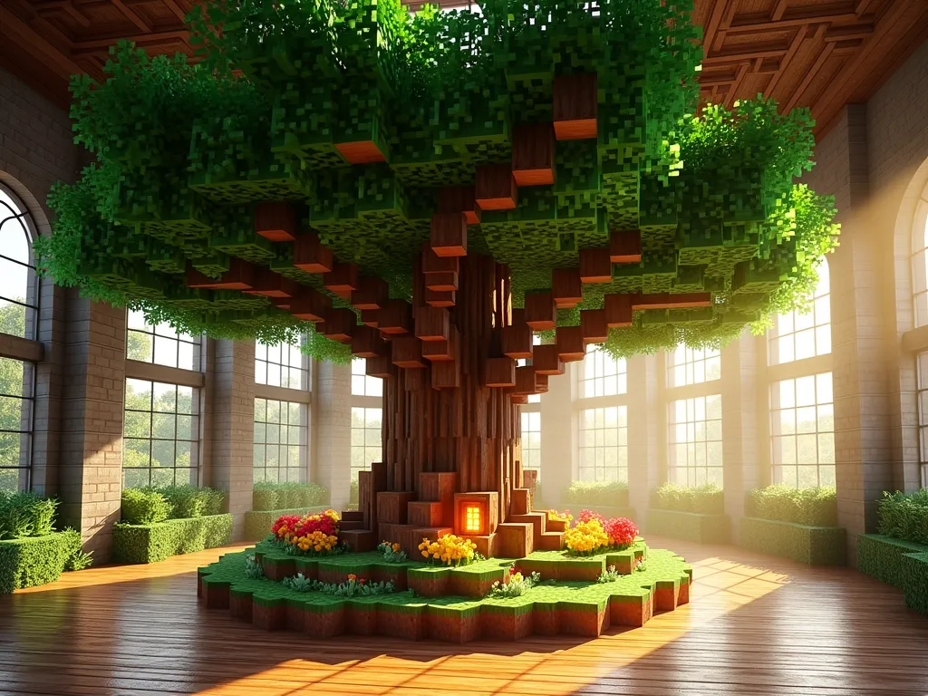 Enchanted Indoor Tree Sanctuary - A magical indoor garden room photographed with a wide-angle lens, featuring a majestic 20-foot tall custom-built Minecraft-style tree as the centerpiece. The tree's thick trunk is constructed from dark oak logs, with sprawling branches that gracefully extend across the vaulted ceiling. The dense canopy is created from emerald-green leaf blocks, with warm glowstone lanterns nestled within the foliage, casting a ethereal golden glow throughout the space. At the tree's base, a circular garden bed blooms with red and yellow minecraft flowers, spotted mushrooms, and lush ferns. Natural light streams through large windows, creating dynamic shadows through the branches. Shot at golden hour with sunbeams filtering through the leaves, highlighting the mystical atmosphere. The room features stone brick walls and a polished wooden floor, styled in the distinctive cubic aesthetic of Minecraft architecture but presented in a photorealistic manner.