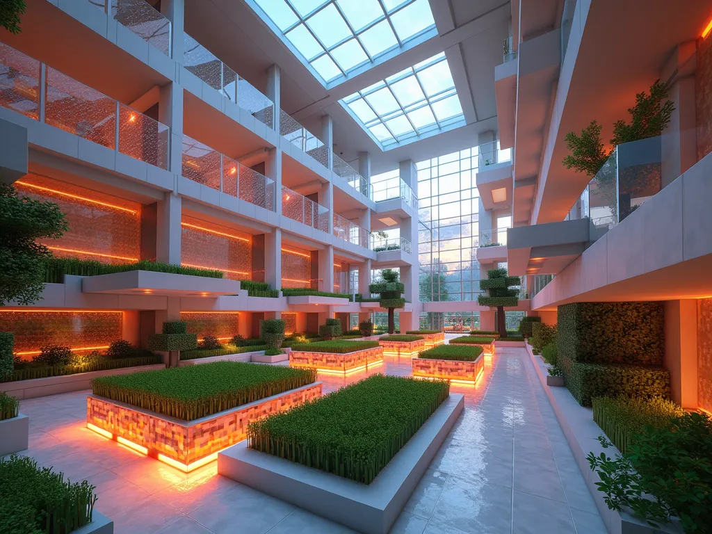 Futuristic Redstone Garden Complex - A stunning wide-angle view of a modern Minecraft indoor garden featuring sleek glass walls and polished concrete floors. The centerpiece showcases an elaborate automated farm system with glowing redstone circuits visible beneath transparent blocks. Cascading water features flow through glass channels, while hidden lighting systems create a dramatic ambiance with rays of warm light filtering through the glass ceiling. Automated harvesters hover over neat rows of crops, connected by intricate redstone circuitry that pulses with a subtle red glow. The space combines industrial elements with natural beauty, featuring floating platforms of wheat and carrots being automatically harvested. Clean lines of white concrete contrast with the organic shapes of the plants, while glass walkways allow viewing of the complex automation systems below. The scene is captured during dusk, with the redstone mechanisms creating a mesmerizing light show against the darkening sky visible through the glass roof.