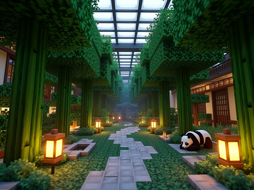 Minecraft-Inspired Bamboo Forest Sanctuary - A wide-angle dusk photo of a tranquil indoor garden room featuring towering bamboo stalks of varying heights, arranged in natural clusters. Gentle ambient lighting filters through the dense bamboo canopy created by pixel-inspired leaf blocks. A winding stone pathway meanders through the space, bordered by mossy cobblestones. Two adorable pandas rest near a small water feature. Japanese-style lanterns cast a warm glow throughout the space. The ceiling features a geometric pattern of glass blocks allowing natural light to blend with the artificial lighting. The overall aesthetic combines Minecraft's signature blocky style with realistic botanical garden elements, creating a serene Asian-inspired indoor sanctuary.