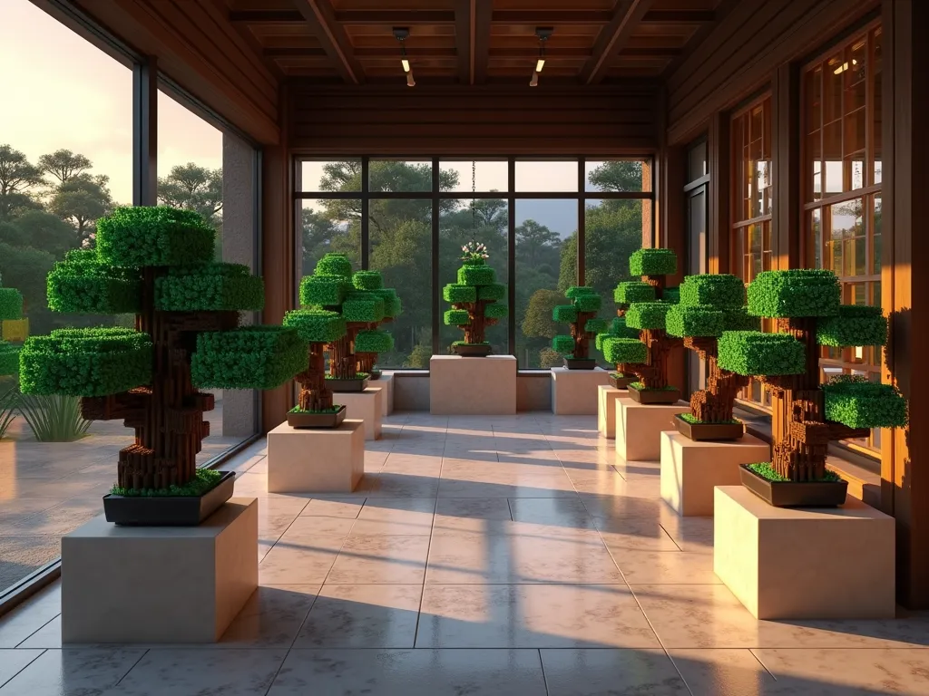 Elegant Minecraft Bonsai Garden Room - A serene indoor garden room at dusk, captured with a wide-angle lens, showcasing an elegant collection of Minecraft-style bonsai trees. The room features ornate quartz pedestals of varying heights displaying miniature trees crafted from dark oak, birch, and acacia wood blocks with emerald-green leaf patterns. Soft glowstone lighting casts gentle shadows across polished stone floors, while floor-to-ceiling glass panels offer glimpses of a sunset sky. Each bonsai creation exhibits intricate branch structures and carefully positioned leaf blocks, creating a sophisticated Japanese garden aesthetic within the cubic Minecraft style. The perspective emphasizes the depth of the room, with detailed bonsai specimens leading the eye from foreground to background in perfect symmetry.