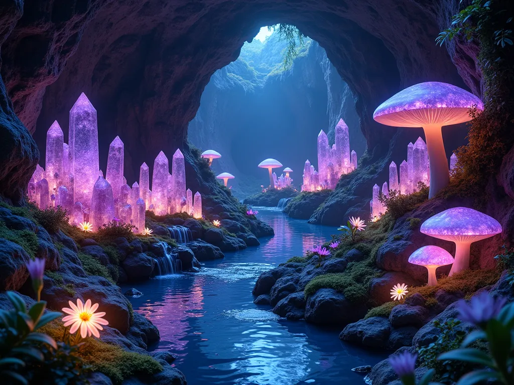 Enchanted Crystal Garden Cavern - A wide-angle twilight view of a mystical underground garden cavern, where towering amethyst crystal clusters emerge from dark stone walls, their surfaces reflecting pools of crystal-clear water. Bioluminescent mushrooms in blue and purple hues dot the cave floor, while glowing flowers cast a soft, ethereal light throughout the space. Glass crystal formations in various geometric shapes catch and refract light, creating rainbow patterns across the cavern walls. Small waterfalls cascade over crystal formations, their droplets sparkling like diamonds in the ambient light. Delicate vines with glowing flowers drape over the crystal structures, while patches of luminous moss create a carpet-like effect on the cave floor. The scene is captured with depth and atmosphere, highlighting the magical interplay between natural and crystalline elements.