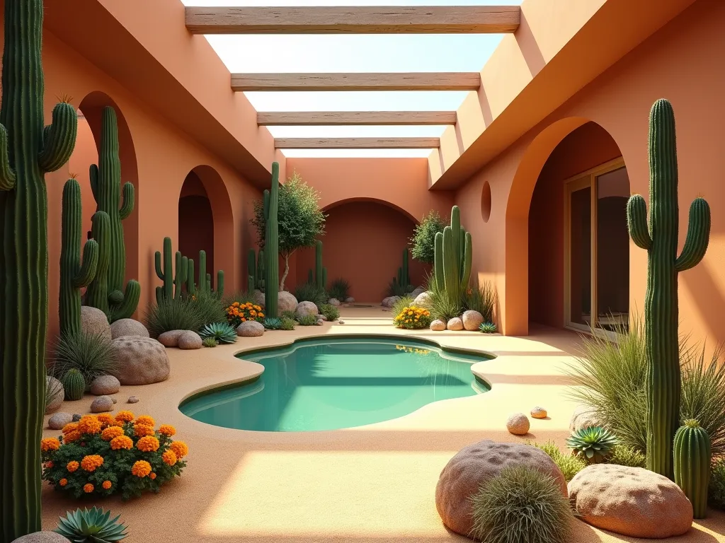 Minecraft-Inspired Desert Oasis Garden Room - A serene indoor desert garden room photographed during golden hour, with sunlight streaming through skylights. Wide-angle shot capturing a stunning centerpiece: a tranquil turquoise oasis pool surrounded by naturally arranged succulents, barrel cacti, and desert plants. Smooth sandstone pathways wind through the space, complemented by warm terracotta walls. Tall saguaro cacti stand as dramatic focal points, while clusters of aloe vera and desert marigolds add pops of color. Dead bushes and desert grasses create authentic texture. Modern glass ceiling panels allow natural light to illuminate the sand-covered floor patterns. Architectural elements include sandstone archways and terracotta pillars, creating a harmonious blend of Minecraft's blocky aesthetic with realistic desert garden design. Photographed with a DSLR camera, f/8 aperture, capturing rich textures and natural lighting.