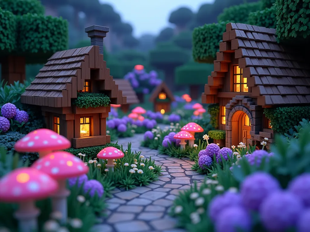 Enchanted Minecraft Fairy Garden at Twilight - A magical Minecraft-inspired garden scene at twilight, captured with a wide-angle 16-35mm lens at f/2.8, ISO 400. The foreground features delicate pink and purple mushrooms glowing softly among beds of lilac and white flowers. Custom-built fairy houses with intricate wooden details and tiny windows emit a warm, golden light. Hidden glowstone and sea lanterns create an ethereal blue glow beneath the foliage, casting enchanted shadows across the garden path. Small floating lanterns hover among custom-built crystalline trees, while vines and lily of the valley cascade from elevated garden platforms. The scene is captured from a slightly elevated angle, showcasing the magical integration of natural and fantastical elements in perfect Minecraft-style cubic harmony.