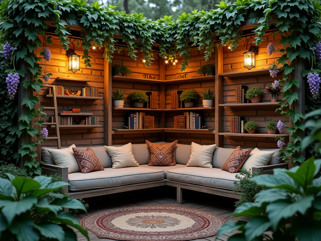 Minecraft-Inspired Enchanted Reading Garden Nook - A dreamy twilight photograph of a secluded garden reading nook, captured with a wide-angle lens at f/8. Emerald green climbing vines gracefully ascend weathered wooden trellises, creating a natural canopy. A custom-built L-shaped bench with plush waterproof cushions nestles into the corner, surrounded by floating wooden bookshelves. Delicate fairy lights and vintage-style copper lanterns cast a warm, ambient glow. Purple wisteria and white climbing roses intertwine with the vines, while potted ferns add lush ground coverage. The scene is photographed during the golden hour, with soft light filtering through the foliage, creating a magical atmosphere reminiscent of Minecraft's enchanted aesthetic. The nook is set against a backdrop of exposed brick, with vintage hardcover books thoughtfully arranged on the shelves. A weathered wooden ladder adds vertical interest while supporting additional climbing plants.