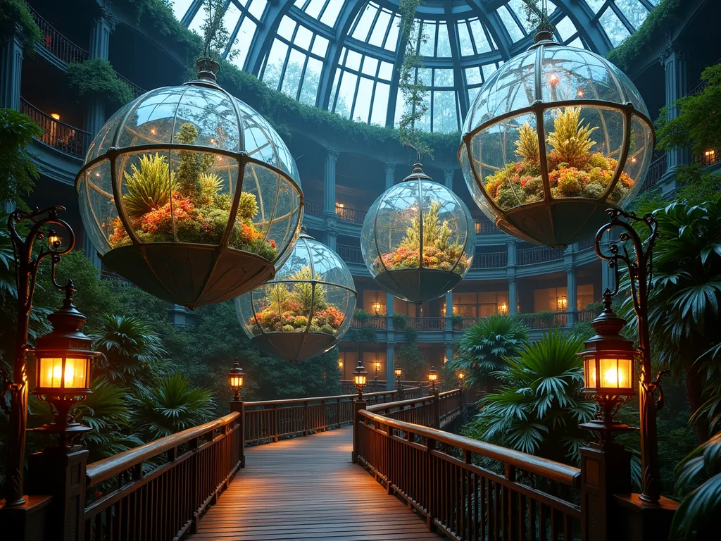 Ethereal Minecraft-Inspired Floating Garden Pods - A dramatic twilight photograph of three magnificent floating glass spheres suspended in a tall indoor atrium, captured with a wide-angle perspective. Each crystalline pod glows with internal lighting, showcasing distinct biome gardens within - one tropical with vibrant flowers, one desert with cacti, and one forest with lush ferns. Rustic wooden bridges elegantly connect the spheres, while ornate iron fence posts with hanging lanterns create paths of light between them. The glass blocks refract the warm lantern light, creating a magical atmosphere throughout the space. The scene is photographed from a low angle to emphasize the floating effect, with subtle lens flares enhancing the ethereal quality. Shot with a DSLR camera, the image captures both the architectural grandeur and the delicate details of the plants within each suspended garden sanctuary.