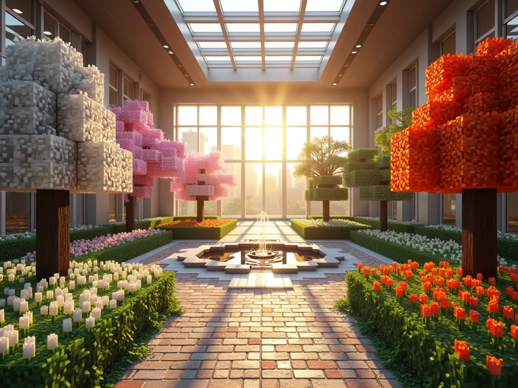 Minecraft Four Seasons Indoor Garden Room - A wide-angle DSLR photograph of a stunning Minecraft-style indoor garden room divided into four distinct quadrants, captured at golden hour. Each section seamlessly transitions into the next, featuring: a winter quarter with ice blocks, snow, and white flowers; a spring section with pink cherry blossom trees and pastel flowers; a summer area with lush green foliage and colorful blooms; and an autumn corner with maple trees displaying red and orange leaves. Dramatic ray-traced lighting streams through glass ceiling panels, creating atmospheric god rays that highlight the seasonal transitions. The room features stone brick pathways connecting all sections, with central fountain meeting point. Photographed at f/8, ISO 100, 1/125 sec, showcasing incredible depth and detail.