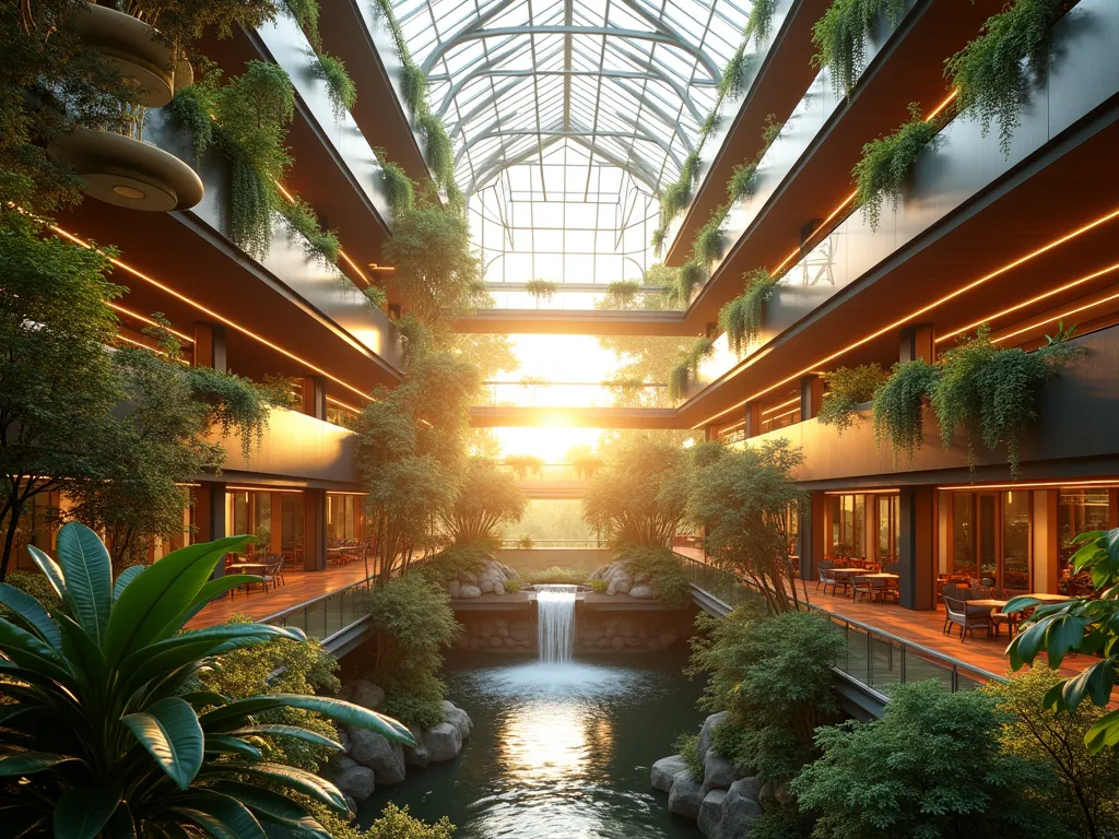 Minecraft-Inspired Luxury Glass Atrium Garden - A stunning architectural visualization of a dramatic multi-story indoor atrium garden, photographed during golden hour. The soaring glass ceiling bathes the space in warm sunlight, creating ethereal light beams that illuminate multiple garden terraces. Floating staircases with glass railings connect various levels featuring lush hanging gardens. Modern glowstone-inspired pendant lights cascade through the space. A central water feature flows between levels, creating gentle waterfalls. The garden features a mix of tropical and temperate plants, including hanging ferns, tall bamboo, and flowering vines climbing the walls. Shot from a dramatic low angle perspective to emphasize the height and grandeur of the space, with the golden sun visible through the geometric glass ceiling panels. Hyper-realistic 3D rendering, architectural photography style.