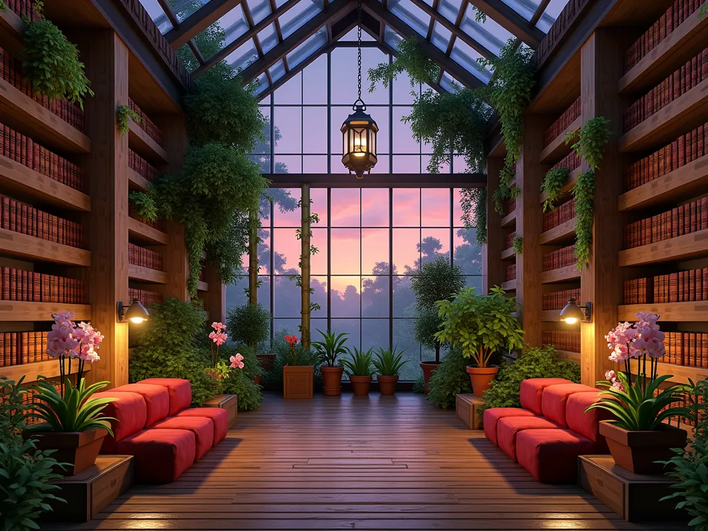 Minecraft Greenhouse Library Sanctuary - A serene DSLR photograph of a Minecraft-inspired greenhouse library at dusk, captured with a wide-angle lens. Towering oak bookshelves line crystal-clear glass walls, with emerald ivy and climbing jasmine gracefully weaving between leather-bound books. Soft lantern light illuminates cozy reading nooks featuring plush crimson cushions surrounded by terracotta pots of flowering orchids and ferns. The glass ceiling reveals a purple-orange sunset sky, casting warm light through hanging plants and creating geometric shadows across wooden floor planks. Mossy stone accents and redstone lamps provide ambient lighting, while potted bamboo creates natural dividers between reading areas. The space perfectly balances scholarly sophistication with lush botanical beauty in the distinctive Minecraft aesthetic.