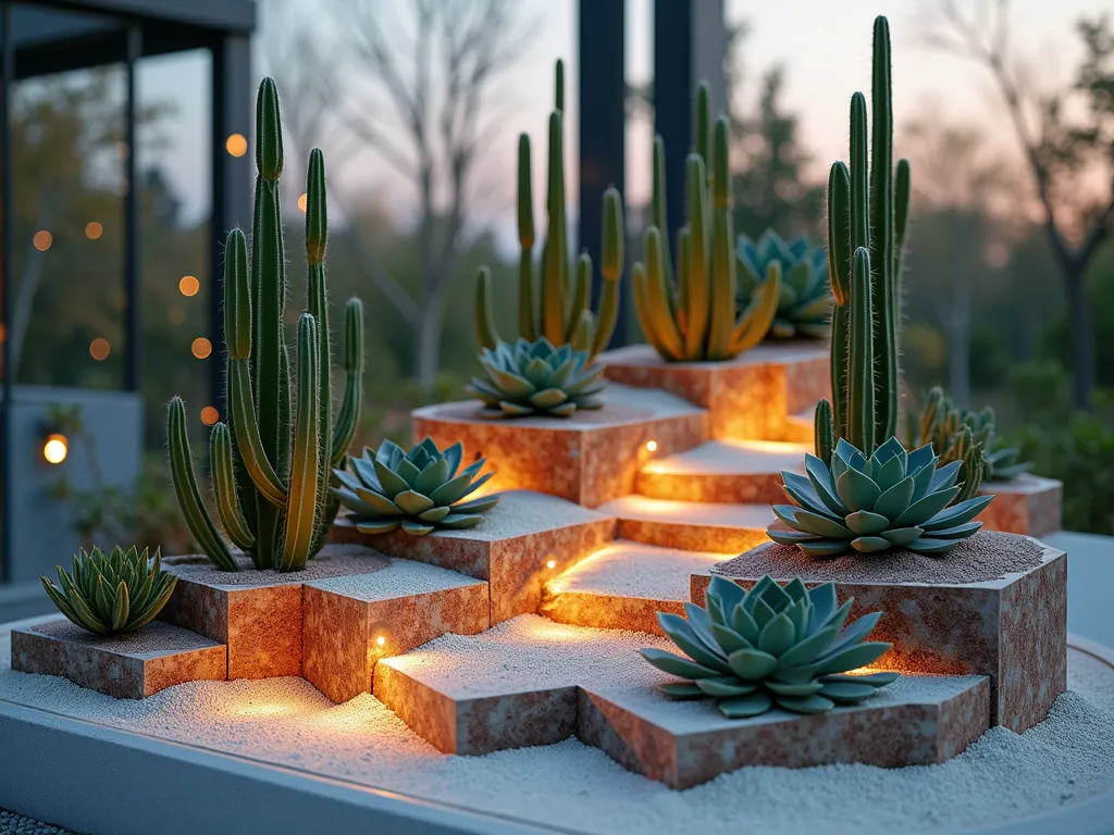 Modern Minecraft-Inspired Succulent Terrarium Display - Close-up perspective of a sleek, minimalist terrarium garden display at dusk, featuring geometric glass blocks arranged in a stepped pattern. Inside, artistically arranged desert succulents, including tall emerald cacti and rustic dead bushes, emerge from layers of white and terra cotta-colored sand. Soft ambient lighting filters through the glass blocks, creating a warm glow that highlights the sculptural shapes of the succulents. The terrarium is photographed using a digital camera with a 16-35mm lens at f/2.8, ISO 400, capturing the intricate details of the pixel-inspired succulent designs and the interplay of light through the crystalline glass structure.