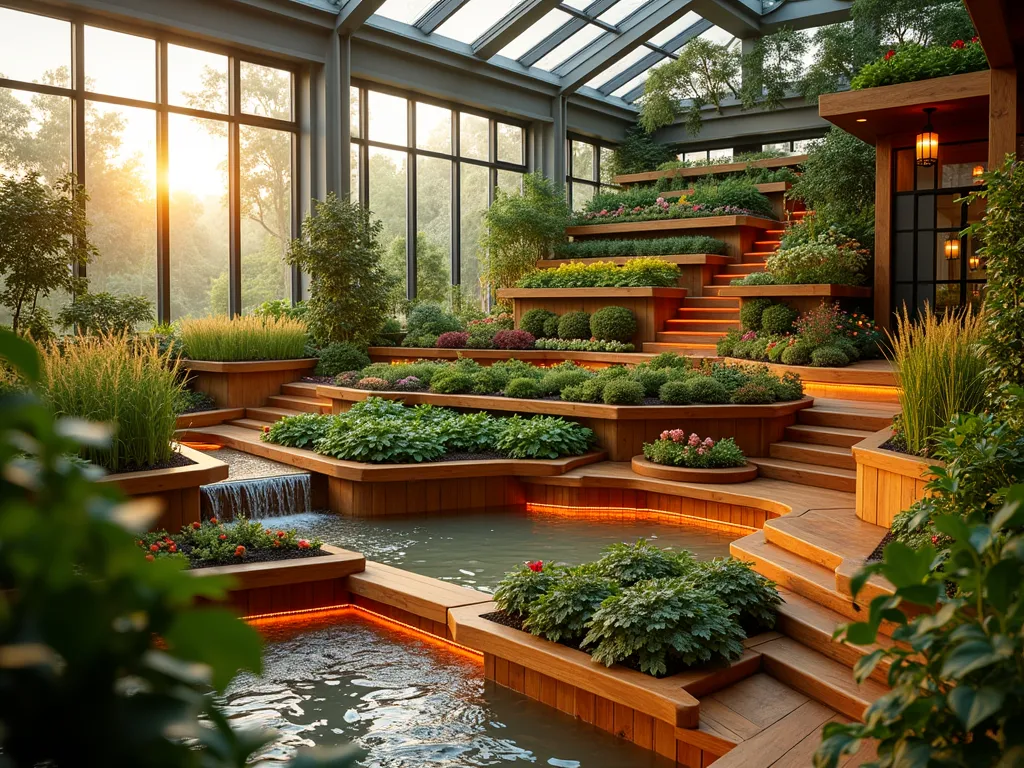 Minecraft-Inspired Multi-Level Indoor Garden Terrace - A stunning wide-angle shot of a modern indoor terraced garden, photographed at golden hour with soft natural light streaming through large windows. The garden features three elegant wooden terraces cascading downward, each level meticulously planted with different crops in organized rows. Crystal-clear water streams flow between levels through block-styled channels, creating a subtle ambient sound. Warm redstone-inspired LED lighting illuminates the pathways and highlights the plants. Beautiful oak stairs and walkways connect each level, with hanging lanterns providing additional ambient lighting. The foreground shows lush wheat crops swaying gently, while the middle level displays vibrant carrots and potatoes. The top level showcases a colorful array of flowers and mushrooms. Shot with a digital camera at 16mm, f/2.8, ISO 400, capturing the depth and grandeur of the space while maintaining sharp detail throughout.