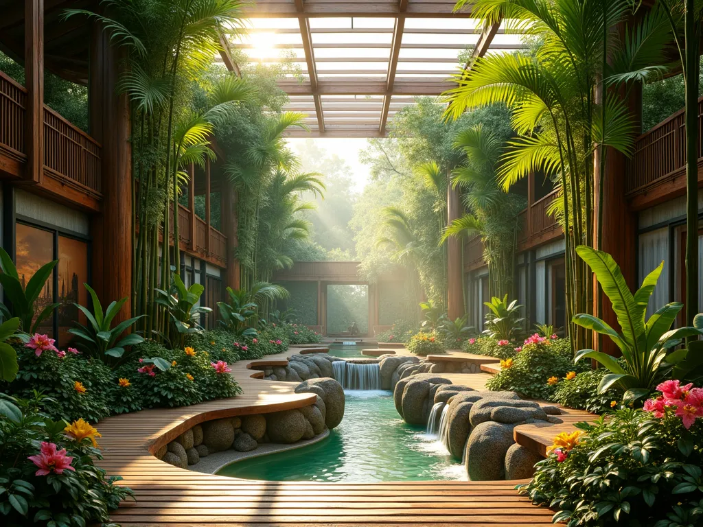 Minecraft-Inspired Tropical Indoor Garden Paradise - A stunning wide-angle shot of a luxurious indoor tropical garden room at golden hour, sunlight filtering through a glass ceiling. Dense bamboo stalks rise dramatically along natural stone walls, while cascading vines create emerald waterfalls from wooden beam supports. A central water feature with gentle flowing streams weaves through exotic flowering plants and ferns. Strategic uplighting illuminates towering palm trees and creates mysterious shadows. Lush leaf canopies overhead create dappled light patterns on rustic wooden walkways below. Vibrant tropical flowers in pink, orange, and red provide bursts of color among the verdant foliage. Sweet berry bushes cluster around natural rock formations, while thick jungle wood columns support hanging plants. The atmosphere is misty and humid, with small water droplets visible in rays of sunlight, creating a magical rainforest ambiance. Photorealistic, architectural visualization, 8K resolution.