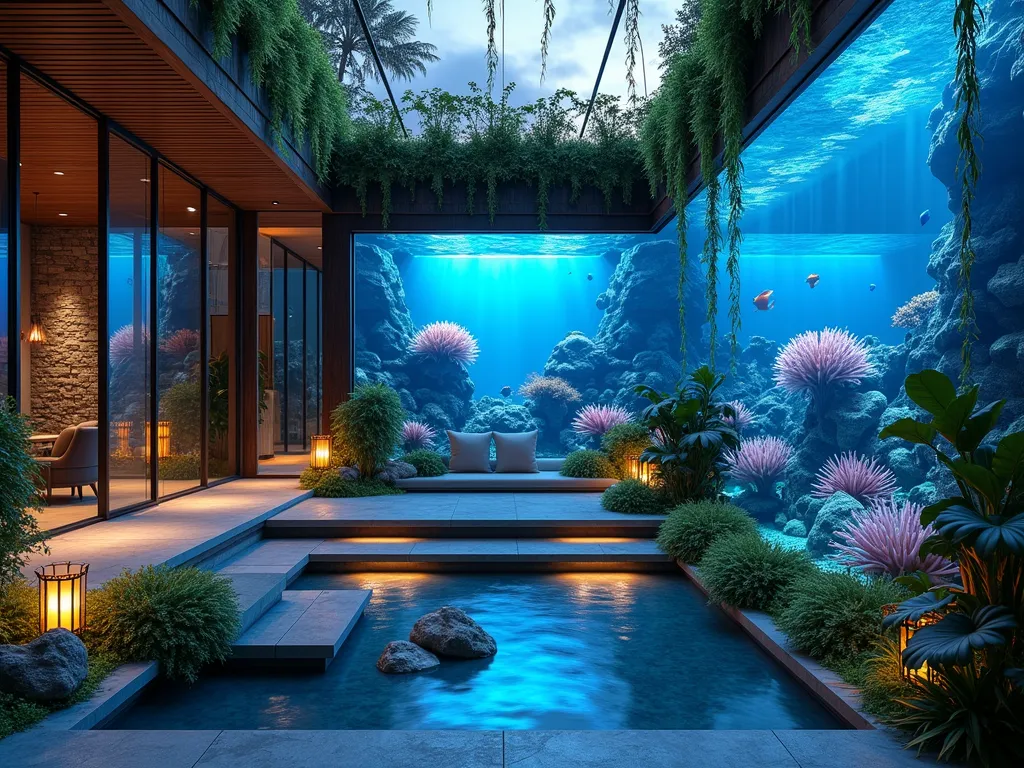 Minecraft Underwater Garden Sanctuary - A stunning wide-angle shot of a modern indoor aquatic garden room at dusk, featuring floor-to-ceiling aquarium walls with vibrant coral fans and sea pickles glowing in ethereal blue light. Cascading indoor plants frame the aquariums, while glass stairs descend into a sunken seating area surrounded by tropical foliage. The room's architecture combines natural stone, dark oak, and large glass panels creating a seamless transition between underwater and terrestrial environments. Ambient lighting casts rippling water reflections across the space, while carefully placed glowstone provides warm accent lighting. The ceiling features hanging plants intertwined with lanterns, creating a magical atmosphere where nature meets fantasy.