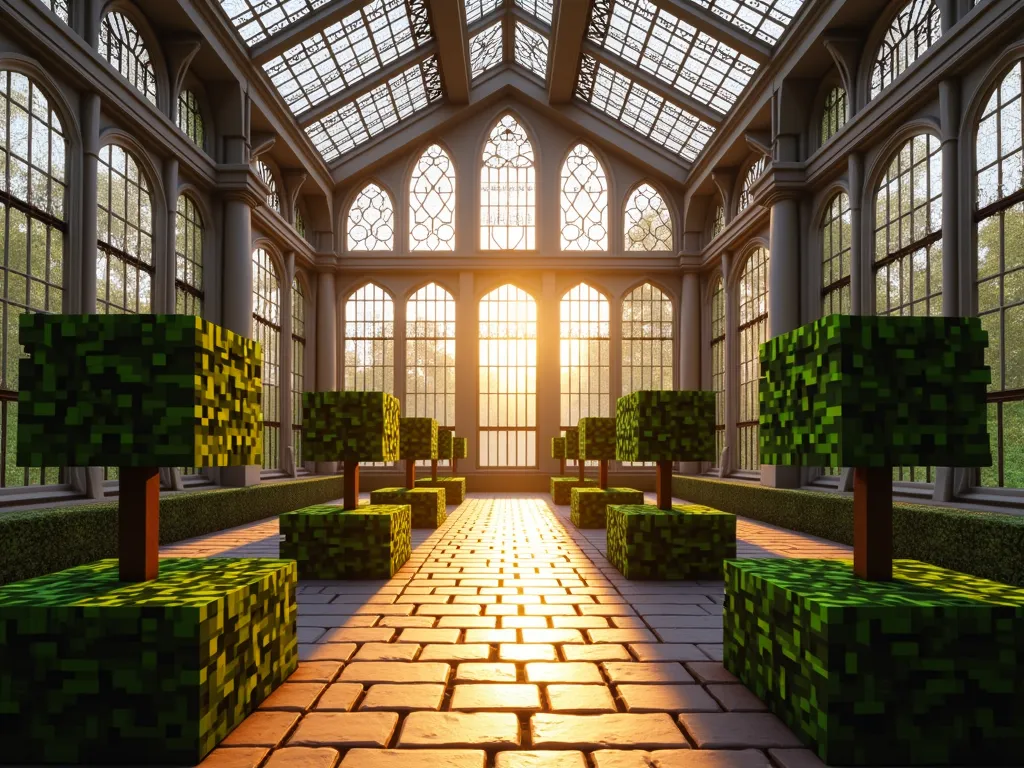 Minecraft Victorian Glass Conservatory Garden - A stunning DSLR wide-angle photograph of an elegant Minecraft Victorian-style glass conservatory at golden hour, featuring intricate iron-framed windows and soaring glass panels. The interior showcases perfectly manicured cube-shaped topiaries arranged symmetrically along formal stone brick pathways. Ornate iron latticework adorns the ceiling, casting delicate shadows across the floor. Soft, warm sunlight filters through the glass panes, creating a magical atmosphere. The conservatory architecture features Gothic-inspired arches and decorative spires, while meticulously crafted leaf block topiaries add classic garden elements. Crystal-clear depth of field captures both architectural details and garden elements in sharp focus.