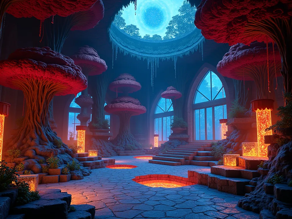 Mystical Nether Garden Sanctuary - A DSLR wide-angle shot of a dramatic indoor Minecraft-inspired garden room at twilight, featuring towering crimson and warped fungi creating an otherworldly canopy. Soul lanterns cast an ethereal blue glow throughout the space, suspended from blackstone chains. Streams of glowing lava flow behind safety glass panels, creating ambient orange lighting that contrasts with the blue. Netherrack formations and soul soil create undulating landscapes, while crimson vines cascade from ceiling fixtures. The room features glass dome ceiling panels revealing a starry night sky, with nether wart clusters adding pops of deep red throughout the garden floor. Architectural elements include basalt columns and polished blackstone brick archways, creating a grand entrance to this exotic indoor sanctuary, photographed at f/8 with natural and ambient lighting blending to capture the mysterious atmosphere.