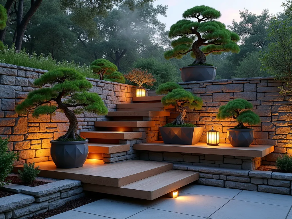 Minecraft-Inspired Zen Bonsai Garden Display - A serene twilight photograph of an elegant outdoor bonsai garden display, featuring a collection of artfully crafted miniature trees arranged on floating wooden platforms at varying heights. The natural wood platforms, constructed from weather-resistant teak, cascade down like a gentle waterfall against a stone accent wall. Each bonsai specimen, including Japanese maple and juniper varieties, sits in custom-designed ceramic pots with geometric patterns reminiscent of Minecraft's pixel art style. Soft landscape lighting illuminates the display from below, casting intricate shadows on the weathered stone wall. The wide-angle composition captures the entire installation while maintaining intimate detail of the bonsai's sculptural forms. A subtle fog rolls through the scene, creating an ethereal atmosphere enhanced by the warm glow of paper lanterns. Shot at f/8 with natural twilight complemented by strategic accent lighting, emphasizing the architectural details and organic textures.