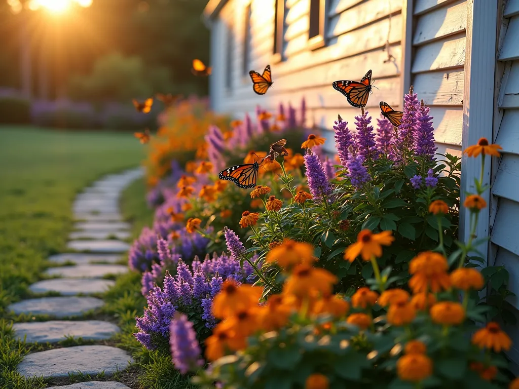 Vibrant Butterfly Garden Border at Golden Hour - A stunning golden hour photograph of a lush butterfly garden border alongside a mobile home, captured with a DSLR camera at f/8. The garden features waves of purple butterfly bush, orange lantana, and native wildflowers in full bloom. Several monarch and swallowtail butterflies hover over the flowers, their wings catching the warm evening light. The border curves elegantly along a weathered wood fence, creating depth and visual interest. Bees buzz between purple coneflowers and black-eyed susans, while soft bokeh effects highlight the natural garden atmosphere. The composition includes both the detailed flowers in the foreground and the mobile home's white siding in the background, showing scale and context. Natural stone pavers create a winding path alongside the border.