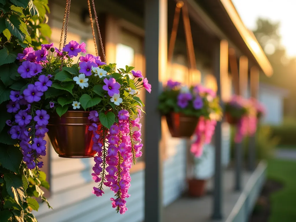 Cascading Hanging Basket Garden at Mobile Home - A stunning close-up photograph of multiple colorful hanging baskets adorning a mobile home's exterior porch, captured during golden hour. Vibrant purple petunias, pink million bells, and white bacopa cascade dramatically from vintage-style copper hanging baskets. The baskets are arranged at varying heights, creating a lush vertical garden effect. Soft evening light filters through the trailing vines, casting gentle shadows on the home's light-colored siding. The composition includes delicate lobelia spilling over the edges and fragrant trailing rosemary, photographed with shallow depth of field highlighting the foreground flowers while creating a dreamy bokeh effect in the background. The scene is captured with a digital camera using a 16-35mm lens at f/2.8, ISO 400, emphasizing the rich textures and dimensional layers of the hanging garden.