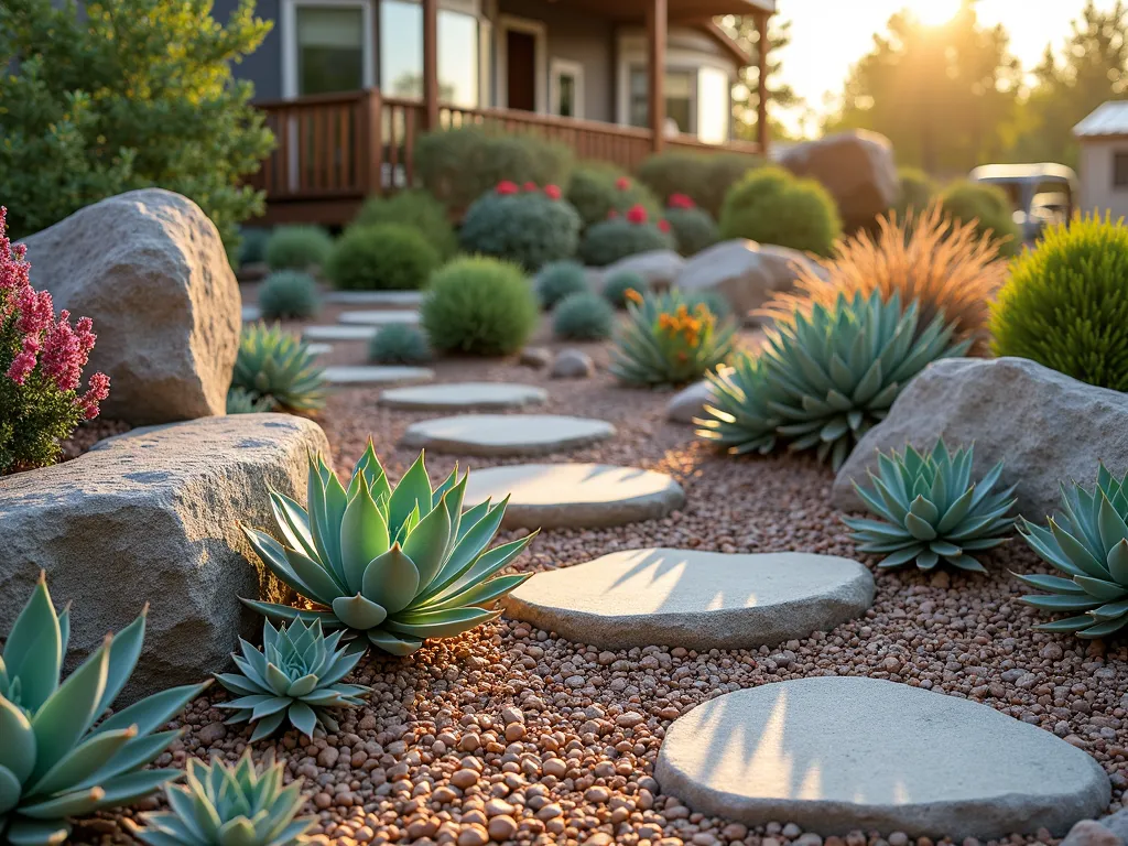 Desert-Inspired Succulent Rock Garden - A stunning drought-resistant rock garden photographed during golden hour, featuring a harmonious arrangement of diverse succulents including Echeveria, Sedum, and Sempervivum nestled among weathered granite boulders and smooth river rocks. The garden is artfully layered with decorative gravel in warm earth tones, creating natural-looking elevation changes. Desert sage green and dusty rose succulents contrast beautifully with the rocks' textures. Soft evening sunlight casts long shadows across the garden, highlighting the sculptural forms of larger statement succulents. Shot with a wide-angle lens to capture the garden's integration with a mobile home's foundation, while maintaining intimate detail of the plant textures. Professional DSLR photography with pristine clarity and natural lighting.