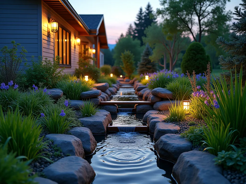 Eco-Friendly Mobile Home Rain Garden at Twilight - A serene twilight scene of a beautifully landscaped rain garden beside a modern mobile home, shot from a medium-low angle. The garden features terraced levels with natural stone borders, showcasing flourishing water-loving plants like Japanese iris, rushes, and native ferns. Gentle water flows from a copper downspout into the first tier of the garden, creating peaceful ripples. Strategic lighting illuminates the moisture-loving plants and highlights the flowing water. Natural river rocks and pebbles create attractive drainage paths, while lush green sedges and cardinal flowers add vibrant pops of color. The garden seamlessly integrates with the surrounding landscape, with a small wooden footbridge crossing over one section, creating depth and visual interest. Soft evening light casts long shadows across the scene, while subtle landscape lighting creates a magical atmosphere.