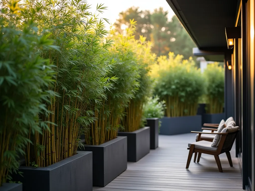 Elegant Bamboo Privacy Screen for Mobile Home - A serene late afternoon scene of a modern mobile home garden featuring tall clumping bamboo planted in sleek charcoal-colored rectangular planters. The bamboo creates a natural privacy screen, reaching 8-10 feet high, with sunlight filtering through the dense emerald foliage. A wide-angle shot captures the bamboo screen's graceful arrangement along a contemporary wooden deck, while golden hour sunlight casts gentle shadows through the swaying stalks. The scene includes a cozy seating area with modern outdoor furniture, enhanced by the exotic architectural elements of the bamboo. Professional DSLR photo with precise depth of field highlighting the intricate bamboo leaves and stalks against a soft-focus background.