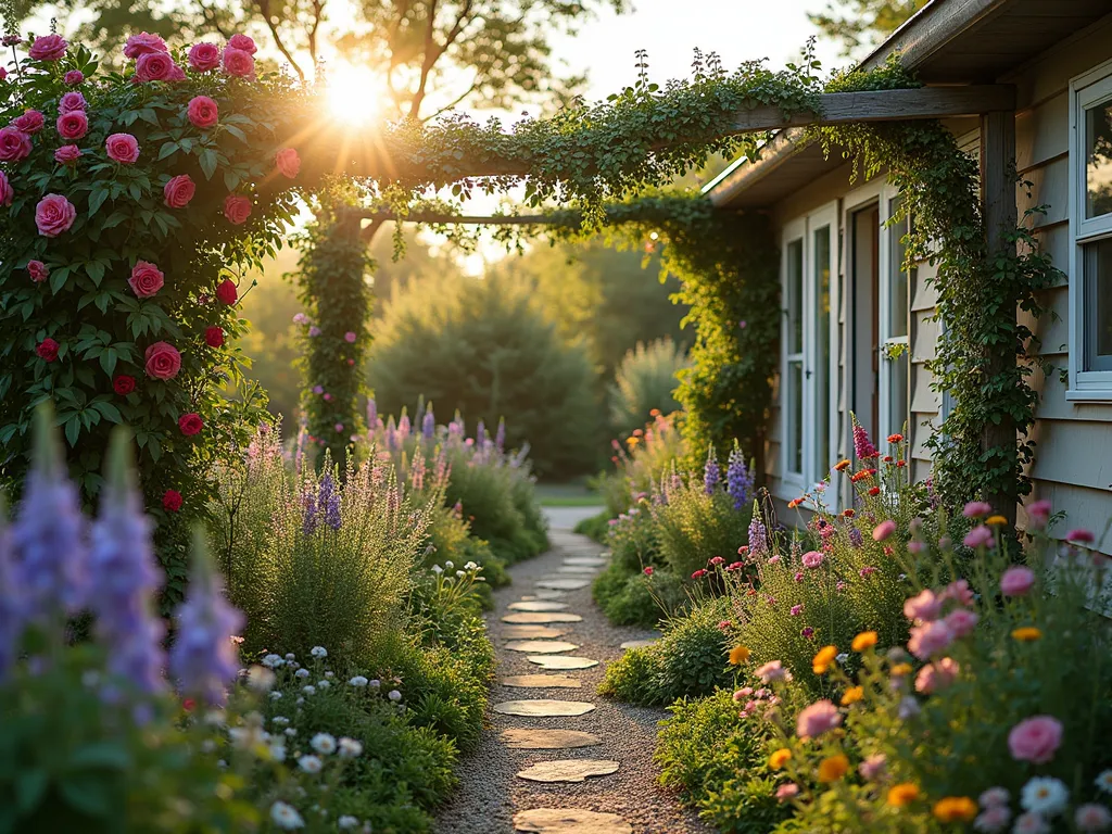 Enchanting Mobile Home Cottage Garden - A charming cottage garden surrounding a mobile home at golden hour, photographed with a wide-angle lens. The garden features a romantic, informal layout with meandering pathways lined with blooming hollyhocks, climbing roses on rustic trellises, and mixed cottage perennials. Lavender and sage herbs mingle with traditional English flowers in vintage containers and raised wooden beds. Soft evening sunlight filters through the climbing roses, creating a dreamy atmosphere. The garden includes clusters of foxgloves, delphiniums, and cosmos in soft pinks and purples, with ornamental vegetables seamlessly integrated into the design. A weathered wooden arbor covered in rambling roses frames the entrance path. DSLR photo, f/8, ISO 100, 1/125s, natural lighting enhancing the garden's whimsical cottage charm.