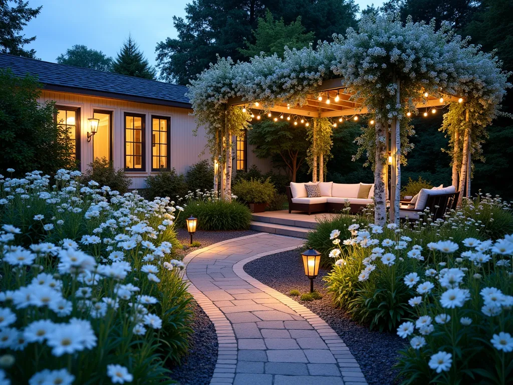 Enchanting Moonlight Garden at Dusk - A magical twilight scene of a serene mobile home garden, shot at dusk with a wide-angle perspective. White flowering moonflowers and silver-leaved artemisia create ethereal waves in the foreground, while luminous white Japanese anemones and snow-in-summer carpet the meandering pathway. Elegant solar-powered lanterns cast a soft, warm glow along the curved garden path, complemented by strategically placed uplighting highlighting white birch trees. Delicate string lights draped overhead create a starry canopy effect. The garden features clusters of pure white phlox, white climbing roses, and lamb's ear creating textural silver accents. A cozy seating area with white-cushioned furniture sits beneath a pergola wrapped in flowering white clematis, all bathed in the ethereal blue light of dusk, creating a dreamlike atmosphere perfect for evening relaxation.