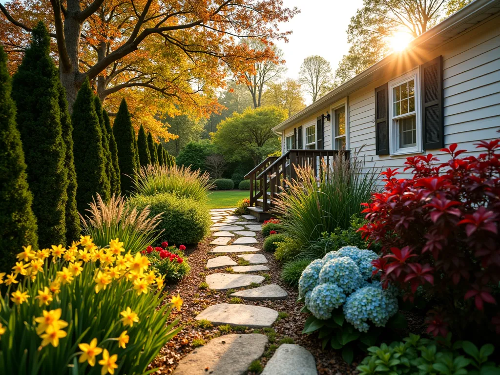 Four Seasons Garden Harmony - A stunning wide-angle DSLR shot of a beautifully landscaped mobile home garden at golden hour, showcasing year-round interest. In the foreground, vibrant autumn-red winterberry holly bushes contrast with dark green evergreen boxwoods. Mid-ground features early spring daffodils and tulips emerging alongside dormant ornamental grasses. The background showcases mature hydrangeas in full summer bloom and Japanese maples with rich fall colors. Natural stone pathways wind through the garden, leading to the mobile home's entrance. Soft, warm sunlight filters through the trees, creating dramatic shadows and highlighting the garden's textural diversity. Professional photography with crisp detail, shot at f/8, ISO 100, capturing the perfect balance of light and shadow.