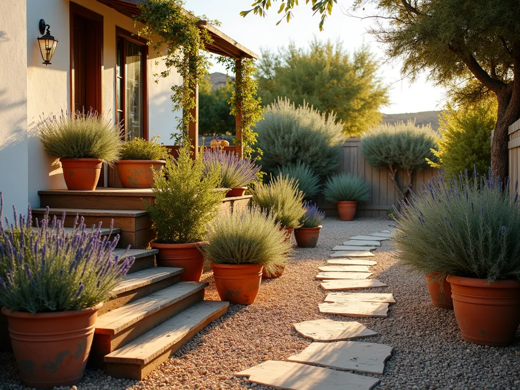 Mediterranean Mobile Home Garden Oasis - A sun-drenched Mediterranean-style garden space beside a mobile home, photographed during golden hour. Multiple levels of weathered terracotta pots cascade down rustic wooden steps, filled with blooming lavender and tall rosemary bushes. Ornamental silver-blue grasses sway gently in the foreground, creating texture and movement. A whitewashed wall serves as a backdrop, adorned with climbing bougainvillea. Ancient olive trees in large terracotta planters frame the scene, while crushed gravel pathways wind between drought-resistant plantings. Warm evening light casts long shadows across the space, captured with a wide-angle 16mm lens at f/2.8, highlighting the rich textures and Mediterranean atmosphere. ISO 400 captures the subtle interplay of light and shadow.