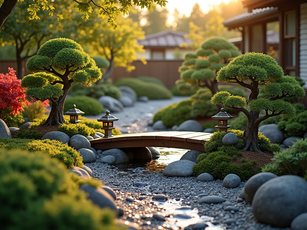 Serene Mobile Home Japanese Garden - A tranquil miniature Japanese garden beside a mobile home at golden hour, photographed with a wide-angle lens. The intimate space features a small curved wooden bridge over a shallow pebble stream, flanked by carefully pruned dwarf Japanese maples and compact azaleas. Stone lanterns cast long shadows across a meticulously raked gravel bed, while moss-covered rocks create natural focal points. A diminutive bamboo water fountain provides gentle movement, and strategically placed bonsai create layers of depth. The scene is accentuated by soft evening light filtering through the leaves, creating a peaceful atmosphere in the compact garden space. Professional DSLR capture at f/8, ISO 100, 1/125 sec, emphasizing rich textures and subtle details.