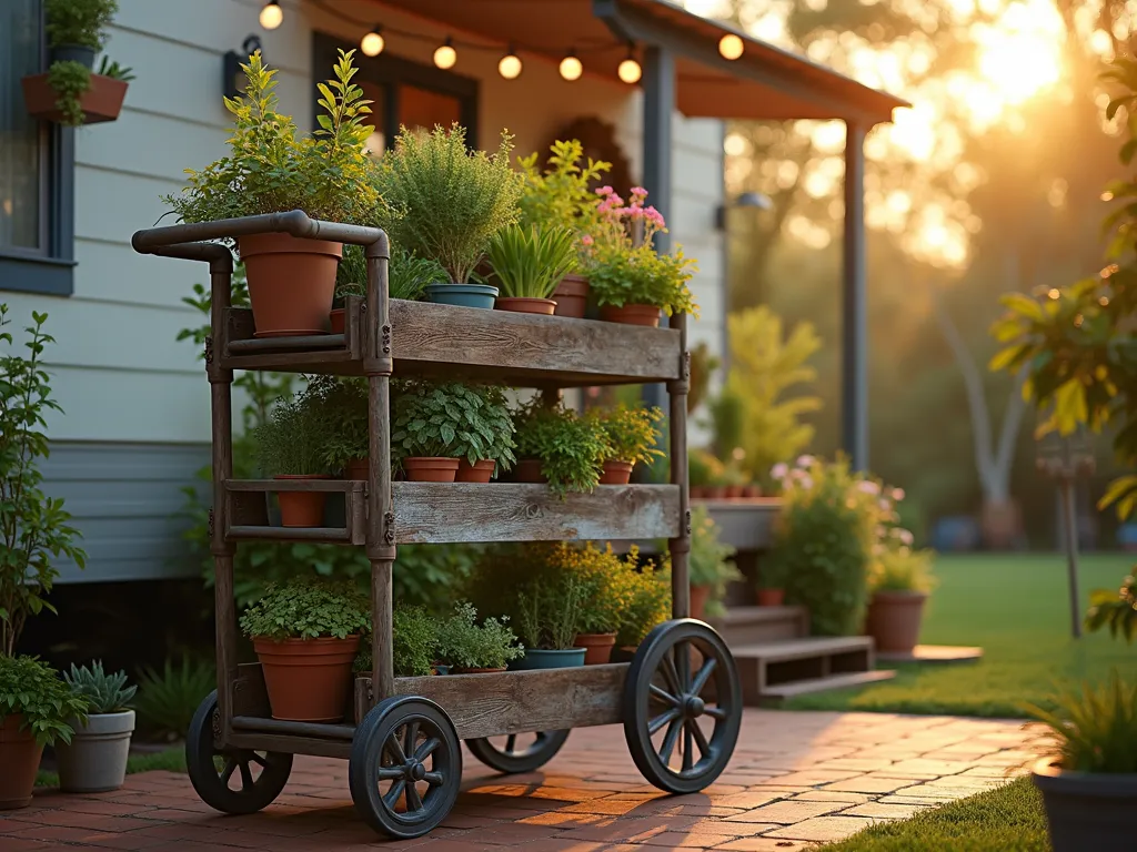 Mobile Garden Cart at Sunset - A rustic-industrial rolling garden cart with multiple wooden tiers, captured during golden hour in a mobile home garden setting. The cart features an array of potted herbs, succulents, and flowering plants arranged on weathered wood shelves with vintage metal wheels. Soft sunset light filters through the plants, creating warm shadows on the distressed wood. The cart is positioned on a cozy brick patio, with string lights overhead and a mobile home visible in the soft-focused background. Shot at f/2.8 with selective focus on the lush plant arrangements, creating a dreamy bokeh effect.