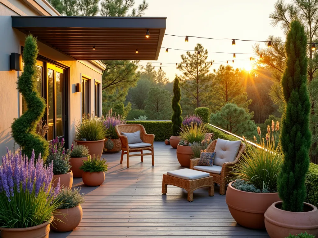 Mobile Home Container Garden Oasis - A sun-drenched mobile home deck featuring a stunning arrangement of tiered container gardens at golden hour. Modern lightweight concrete and weathered terracotta pots of varying heights create a dynamic vertical display. Drought-resistant lavender, succulents, and ornamental grasses cascade over pot edges, while tall ceramic planters showcase Mediterranean cypress. String lights weave through the space, and a comfortable rattan chair sits among the greenery. Wide-angle shot capturing the harmonious blend of textures and the warm evening light filtering through the foliage.