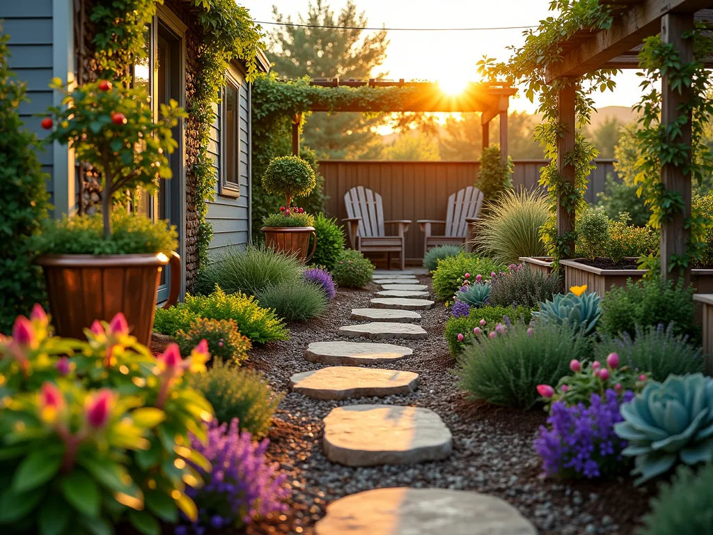 Mobile Home Edible Landscape Garden - A stunning sunset photograph of a well-designed mobile home garden featuring a harmonious blend of ornamental and edible plants. In the foreground, vibrant rainbow chard and purple basil border a rustic stepping stone path. Mid-ground showcases dwarf citrus trees in copper containers flanked by flowing lavender bushes. Climbing cherry tomatoes trail elegantly on decorative trellises, while ornamental kale and blooming thyme create beautiful patterns. Golden hour lighting casts warm shadows across raised garden beds filled with a mix of flowering herbs and vegetables. A cozy seating area with weathered wooden furniture sits beneath a pergola draped with grape vines. Photorealistic, captured with a wide-angle lens at f/2.8, rich depth of field, soft bokeh effect, professional garden photography