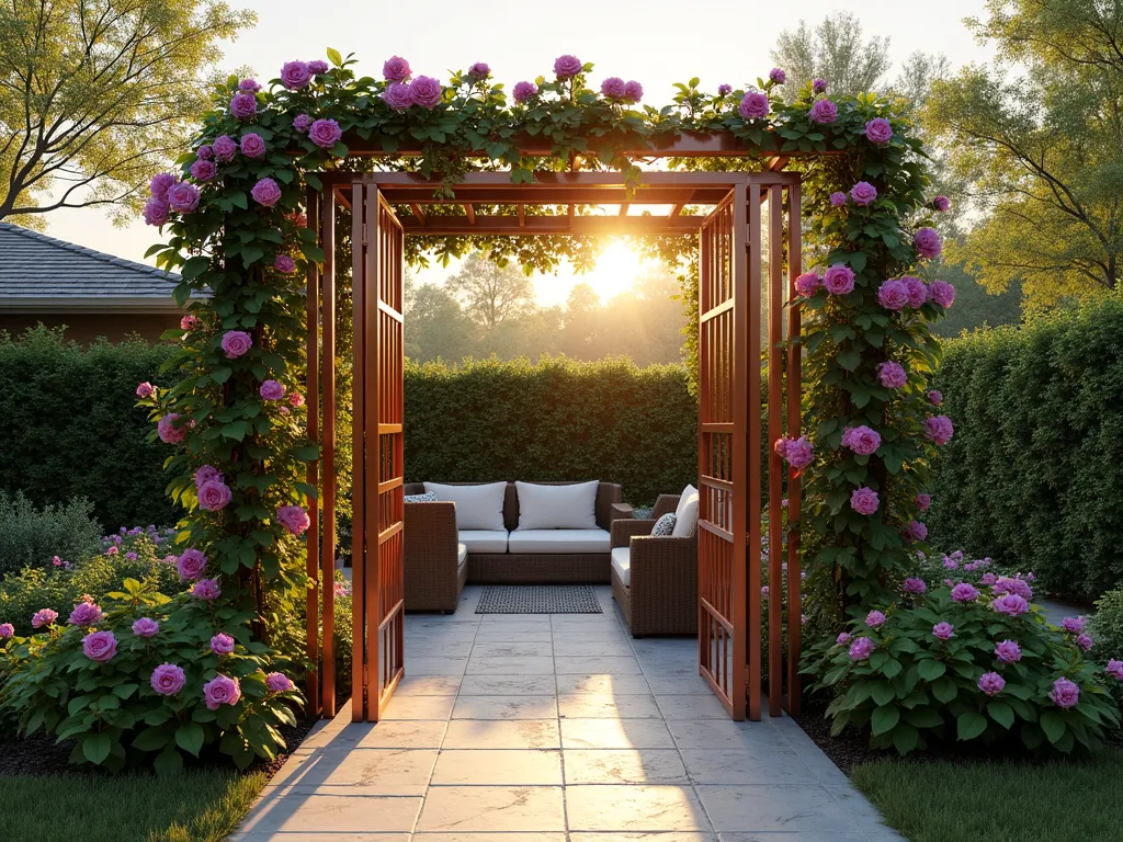 Elegant Mobile Home Garden Room Divider with Climbing Roses - A serene late afternoon garden scene showing an elegant copper-framed portable trellis divider creating distinct outdoor rooms in a mobile home garden. The trellis features lush climbing roses and purple clematis in full bloom, casting gentle shadows on a natural stone patio. Behind the divider, comfortable wicker furniture creates an intimate seating area, while string lights weave through the top of the trellis. Shot from a wide angle showing the complete divider system with soft golden hour lighting filtering through the foliage, creating a magical atmosphere. Photorealistic, high-end garden design, architectural detail.