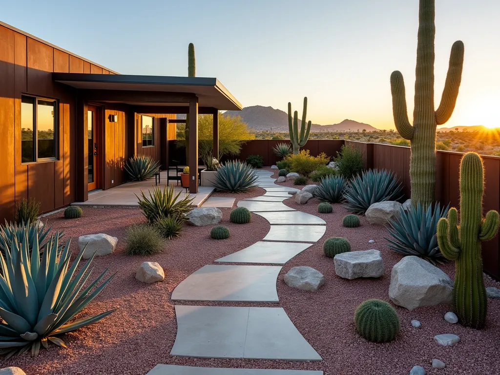 Modern Desert Xeriscape Garden - A stunning wide-angle photograph of a modern desert xeriscape garden at golden hour, featuring a meticulously designed layout with multiple levels created using weathered Cor-ten steel retaining walls. The garden showcases a dramatic arrangement of blue agave, barrel cacti, and towering saguaros emerging from a bed of mixed-size desert rose quartz gravel. A meandering decomposed granite pathway leads to a contemporary mobile home's entrance, bordered by golden barrel cacti and desert spoon plants. Architectural concrete planters contain specimen succulents, while strategically placed boulder clusters create natural focal points. Low-voltage landscape lighting casts dramatic shadows, and a modern water feature made of weathered steel provides a subtle sound element. Shot with a DSLR camera at f/8, ISO 100, capturing the warm sunset light casting long shadows across the textured landscape.