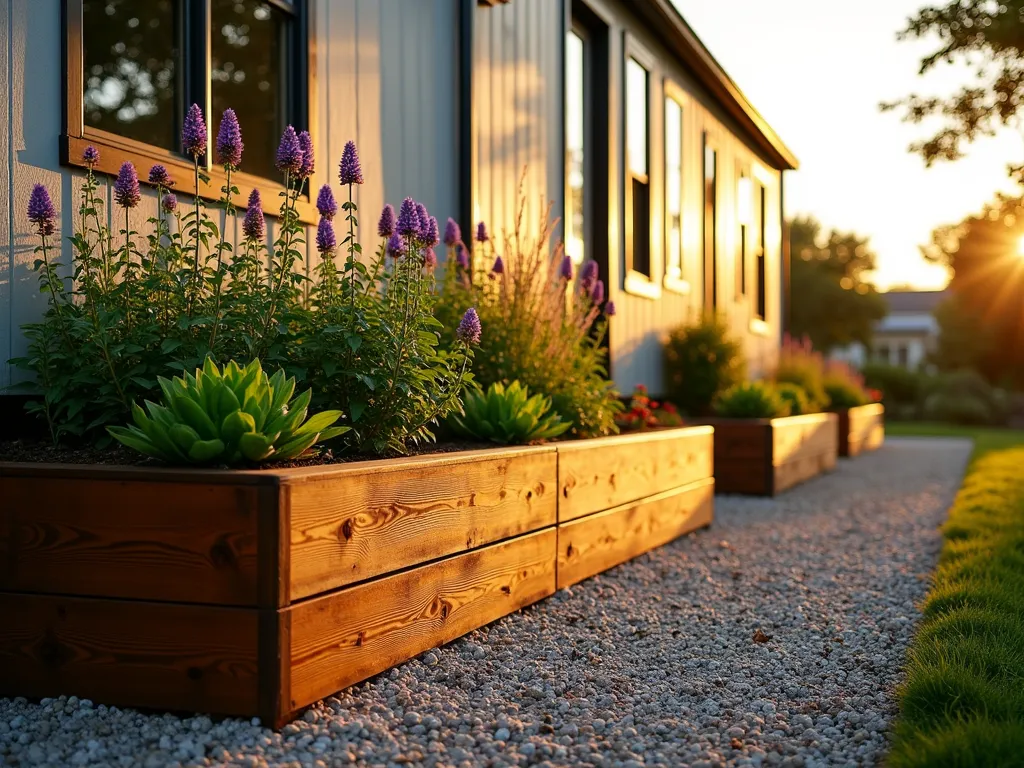 Modern Mobile Home Raised Border Garden - A stunning golden hour photograph of a modern mobile home's perimeter adorned with elegant raised garden beds, captured with a wide-angle perspective. The cedar-constructed beds feature a harmonious mix of purple coneflowers, ornamental grasses, and compact vegetable plants. Natural sunlight casts warm shadows across the weathered cedar boards, highlighting their rich texture. The beds are arranged in a tiered design, creating visual interest against the home's facade. Professional landscaping lighting peeks through the foliage, while a neat gravel pathway provides definition. Shot with shallow depth of field emphasizing the lush plantings while maintaining architectural context. The composition showcases the perfect balance between functional growing space and aesthetic appeal.