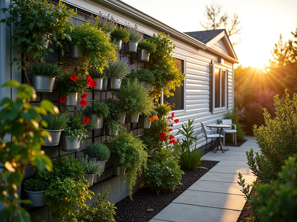 Modern Mobile Home Vertical Garden Wall at Sunset - A stunning wide-angle photograph of a modern mobile home's exterior wall transformed into a lush vertical garden, captured during golden hour. The living wall features a sophisticated grid system of weatherproof metallic planters cascading with various herbs, succulents, and flowering plants. Trailing rosemary and cascading petunias create organic movement, while neat rows of sage, thyme, and lavender add structure. Geometric arrangements of colorful succulents provide year-round interest. The warm sunset light casts long shadows and highlights the textural contrast between the plants and the home's clean lines. A small bistro set nearby suggests a peaceful evening retreat. Shot with a digital camera at 16mm, f/2.8, ISO 400, capturing the depth and dimension of this space-saving garden solution.