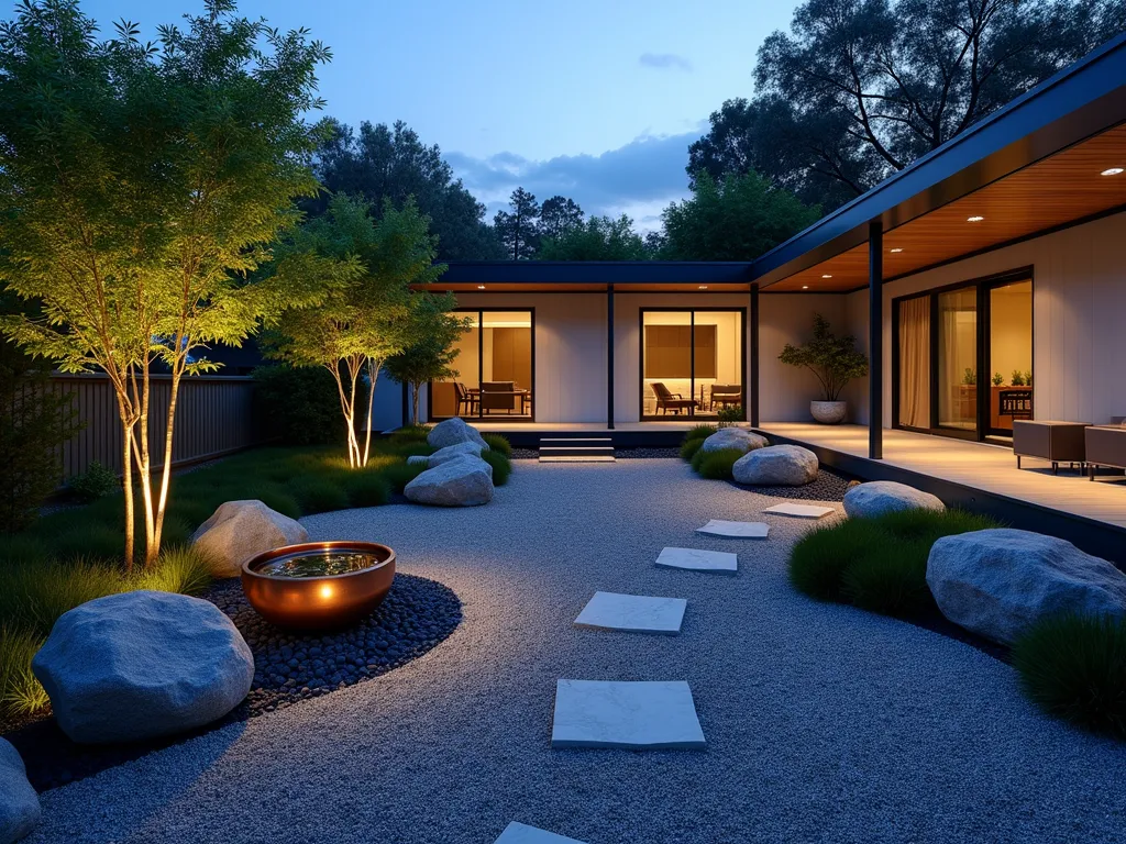 Modern Zen Garden with Mobile Home - A serene twilight photograph of a minimalist zen garden beside a modern mobile home. The wide-angle shot showcases a meticulously raked gravel garden with carefully placed large granite boulders and river rocks creating flowing patterns. Japanese maple trees cast gentle shadows, while dwarf bamboo provides vertical interest along the edges. A small copper bowl water feature creates gentle ripples, with soft LED landscape lighting illuminating the peaceful scene. Natural stone stepping stones lead through the garden, and strategically placed black mondo grass adds texture between rocks. Shot with a 16-35mm lens at f/2.8, ISO 400, capturing the tranquil atmosphere during blue hour.