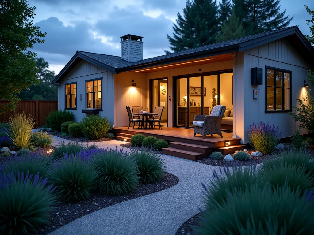 Smart Garden Technology at Dusk - A sophisticated mobile home garden at dusk, photographed with a DSLR wide-angle lens at f/8. Modern LED path lights illuminate a winding garden path, while subtle blue app-controlled accent lights highlight ornamental grasses and Japanese maples. A sleek control panel mounted on the mobile home's exterior wall displays real-time weather data and irrigation schedules. Smart sprinklers quietly mist drought-resistant plants, their operation visible through backlit water droplets. Motion-activated security lights cast a warm glow on a contemporary deck featuring integrated LED strip lighting. Solar-powered garden sensors peek out discretely among lavender bushes and native grasses, while a smartphone rests on an outdoor table displaying a garden monitoring app. The scene captures the perfect blend of nature and technology in a modern garden setting.