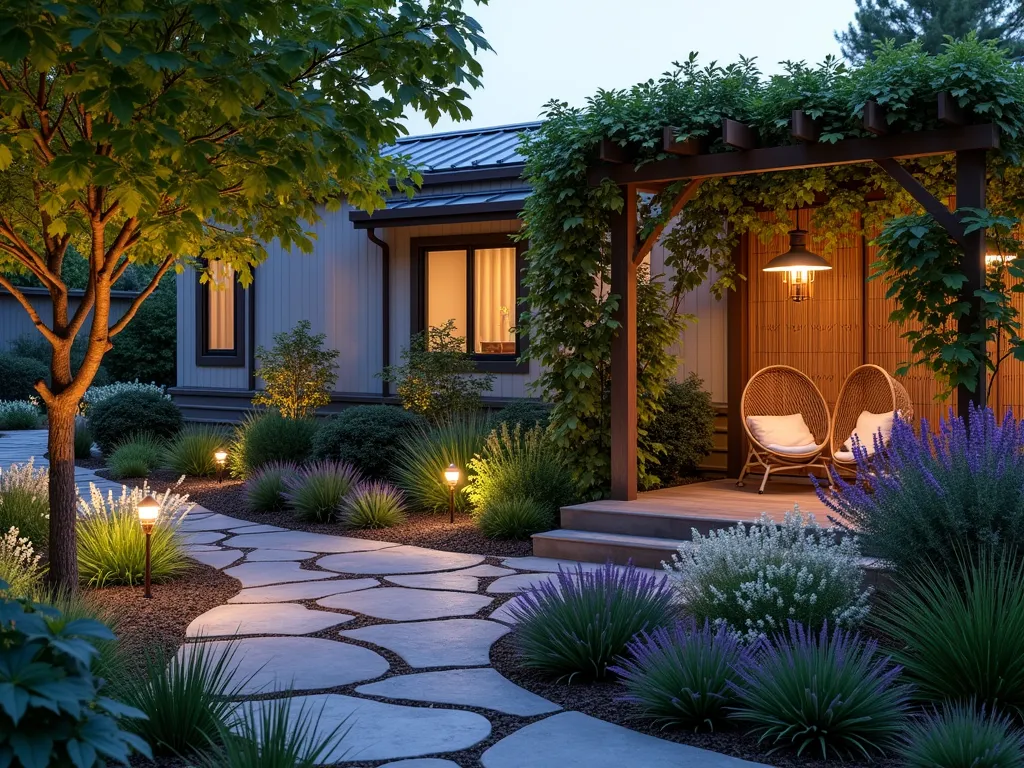 Zen-Inspired Mobile Home Therapeutic Garden - A serene twilight photograph of a thoughtfully designed therapeutic garden space outside a mobile home, captured with a wide-angle lens. The garden features a curved stone path leading to a peaceful meditation area with a comfortable rattan egg chair draped with soft cushions. Japanese maples cast gentle shadows while lavender and chamomile border the path, releasing calming fragrances. A small copper wind chime hangs from a wooden pergola covered in jasmine vines, creating gentle music in the breeze. A tabletop water fountain provides soothing sounds among clusters of ornamental grasses and white flowering plants. Soft landscape lighting creates a warm, ethereal atmosphere while illuminating textural elements like bamboo screens and moss-covered stones. The composition creates multiple layers of sensory experiences while maintaining a cohesive, peaceful aesthetic perfect for relaxation and mindfulness.