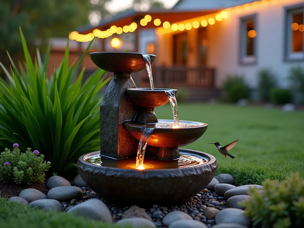 Tranquil Mobile Home Garden Water Feature at Dusk - A serene close-up shot at dusk of a compact, tiered solar fountain nestled among lush hostas and Japanese forest grass in a mobile home garden setting. The fountain features weathered copper bowls with water gracefully cascading between levels, creating gentle ripples that catch the warm evening light. Small LED lights illuminate the water feature, while a curious hummingbird hovers nearby. Natural stone borders surround the feature, with scattered river rocks and tiny flowering sedums adding texture. The background shows a softly blurred mobile home patio with hanging ferns and string lights, creating depth and context.